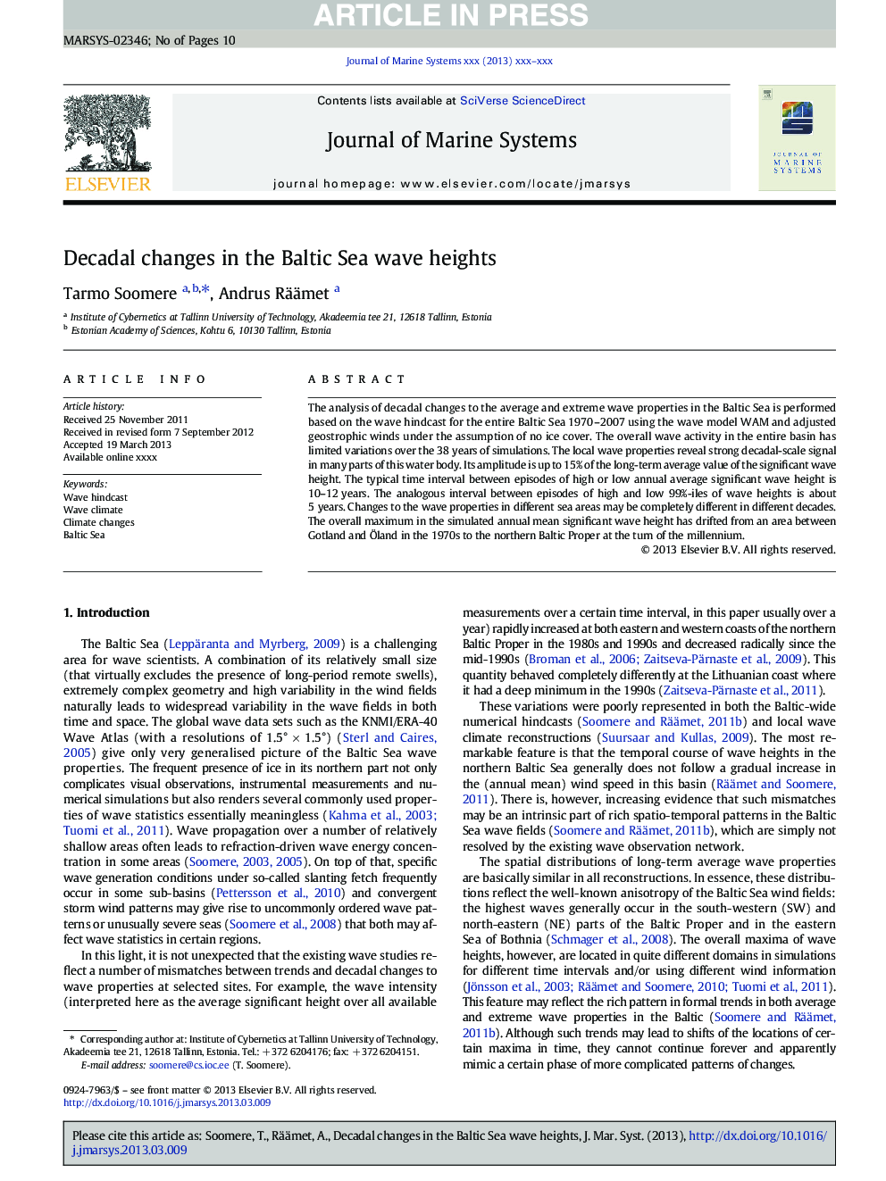 Decadal changes in the Baltic Sea wave heights