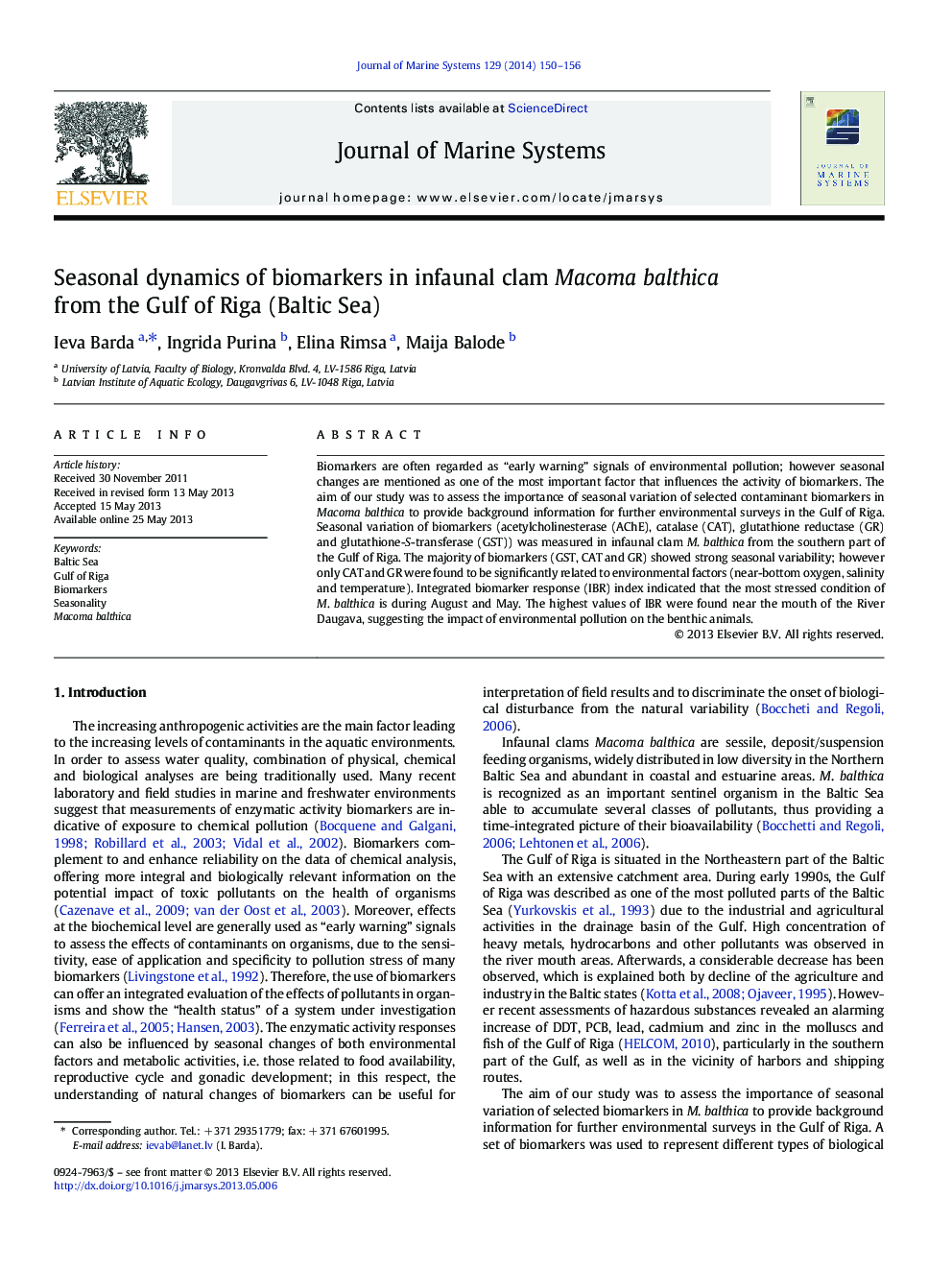 Seasonal dynamics of biomarkers in infaunal clam Macoma balthica from the Gulf of Riga (Baltic Sea)