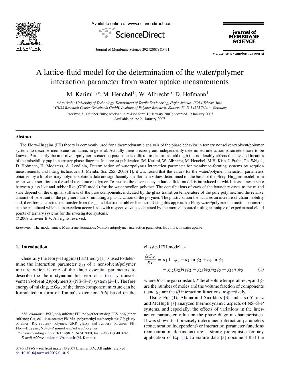 A lattice-fluid model for the determination of the water/polymer interaction parameter from water uptake measurements