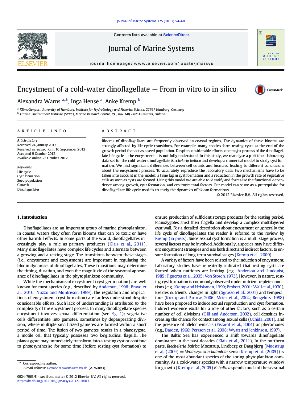 Encystment of a cold-water dinoflagellate - From in vitro to in silico