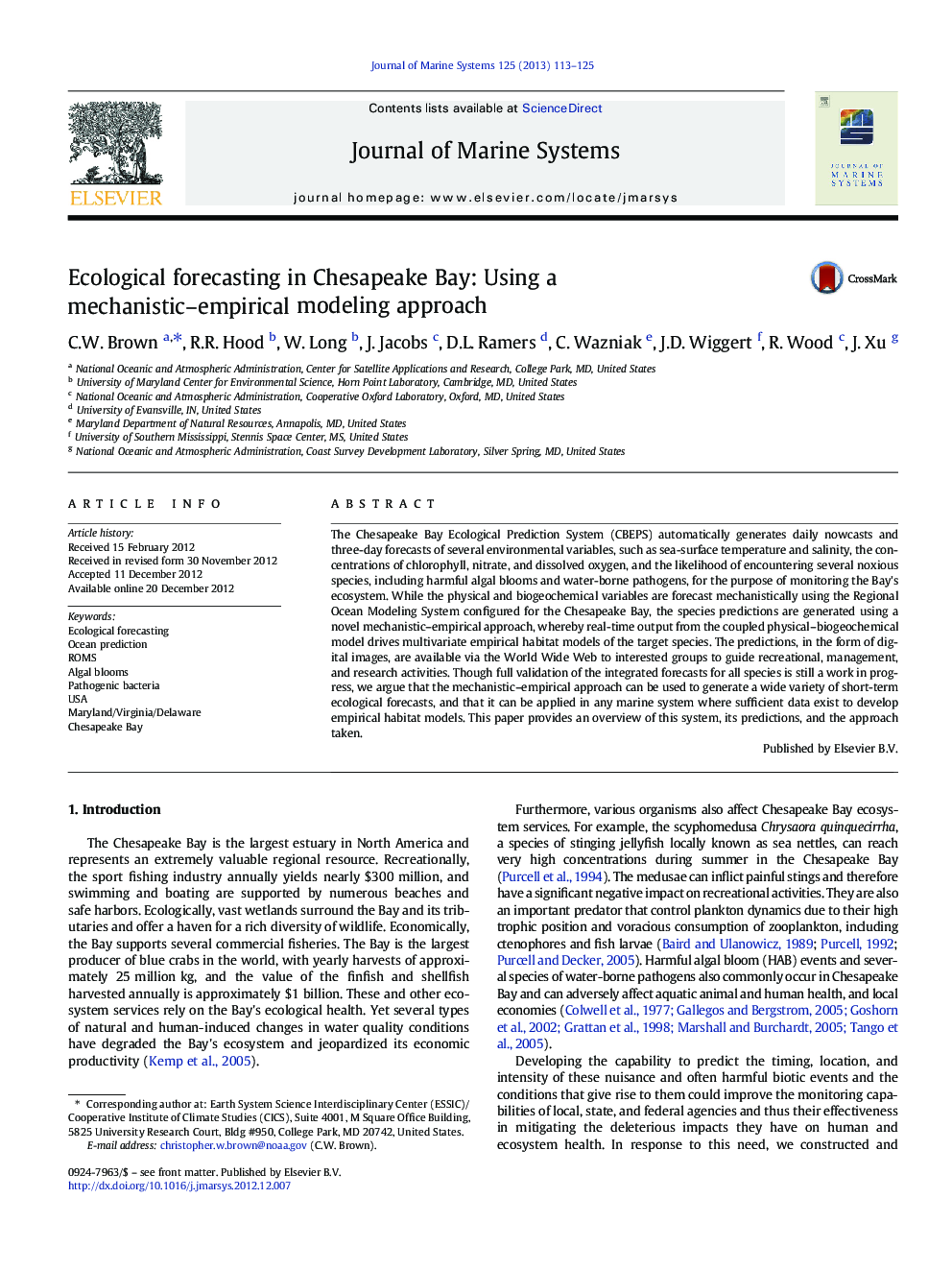 Ecological forecasting in Chesapeake Bay: Using a mechanistic-empirical modeling approach