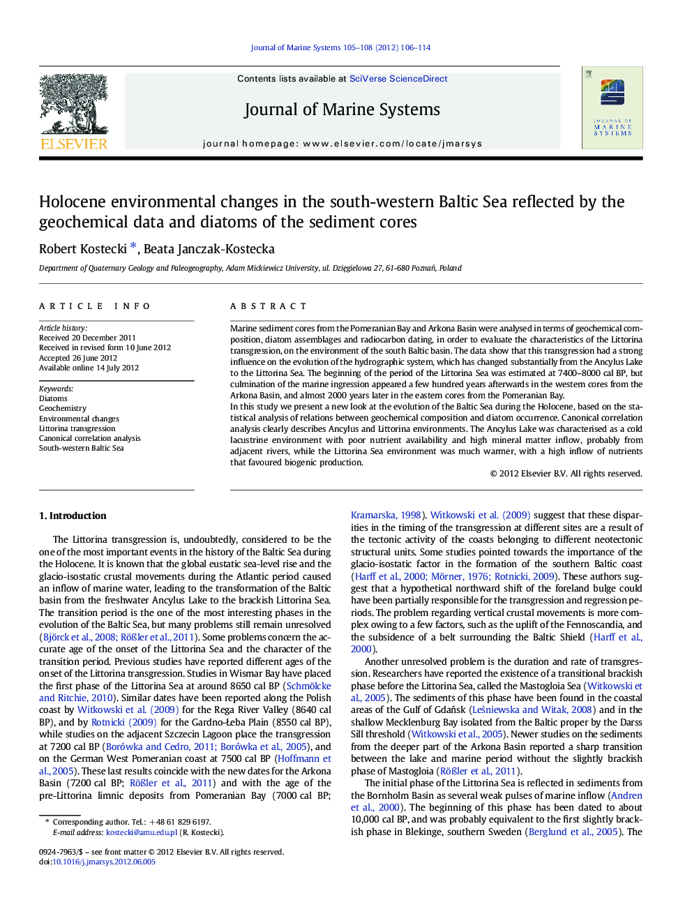 Holocene environmental changes in the south-western Baltic Sea reflected by the geochemical data and diatoms of the sediment cores