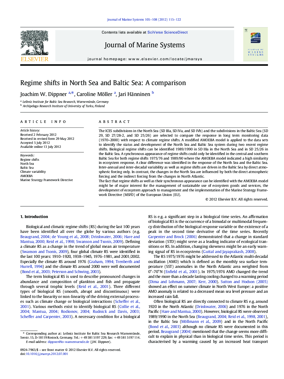 Regime shifts in North Sea and Baltic Sea: A comparison