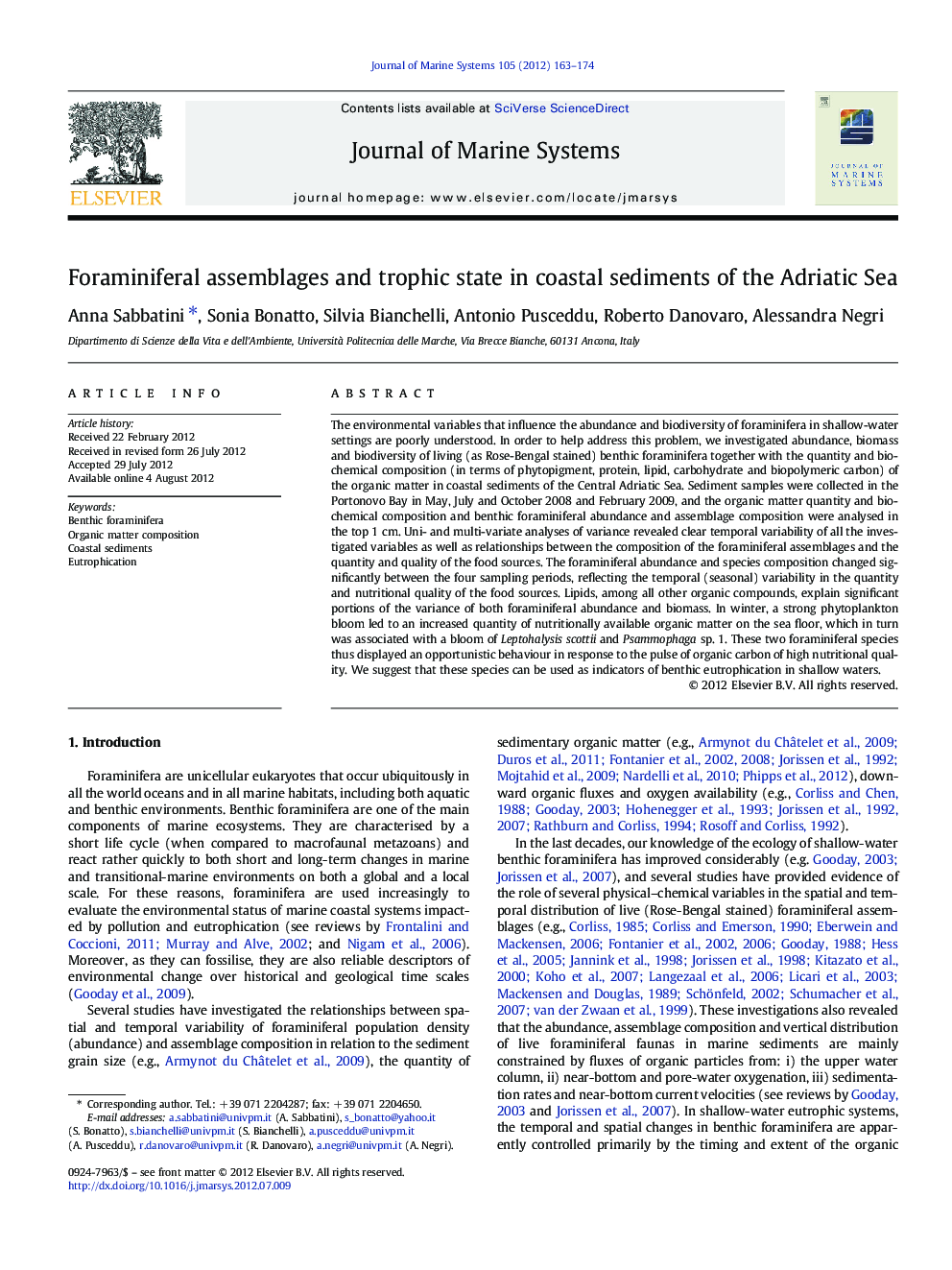 Foraminiferal assemblages and trophic state in coastal sediments of the Adriatic Sea