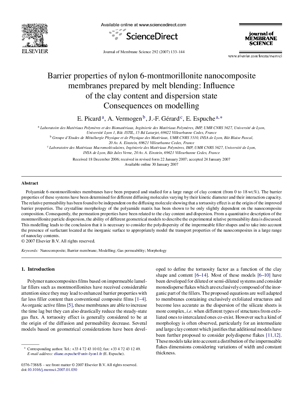 Barrier properties of nylon 6-montmorillonite nanocomposite membranes prepared by melt blending: Influence of the clay content and dispersion state: Consequences on modelling