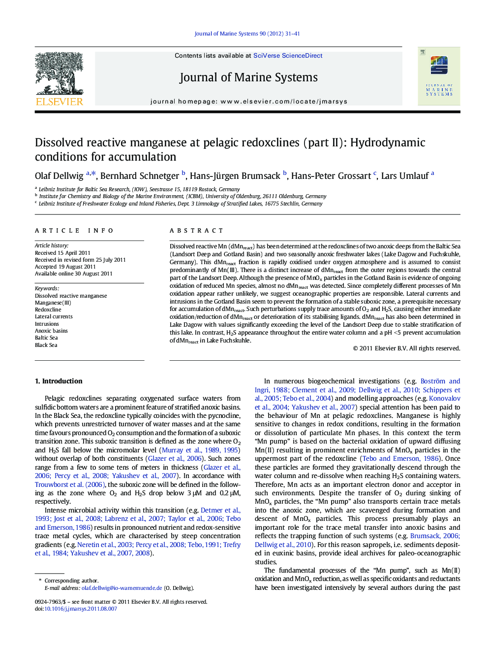 Dissolved reactive manganese at pelagic redoxclines (part II): Hydrodynamic conditions for accumulation