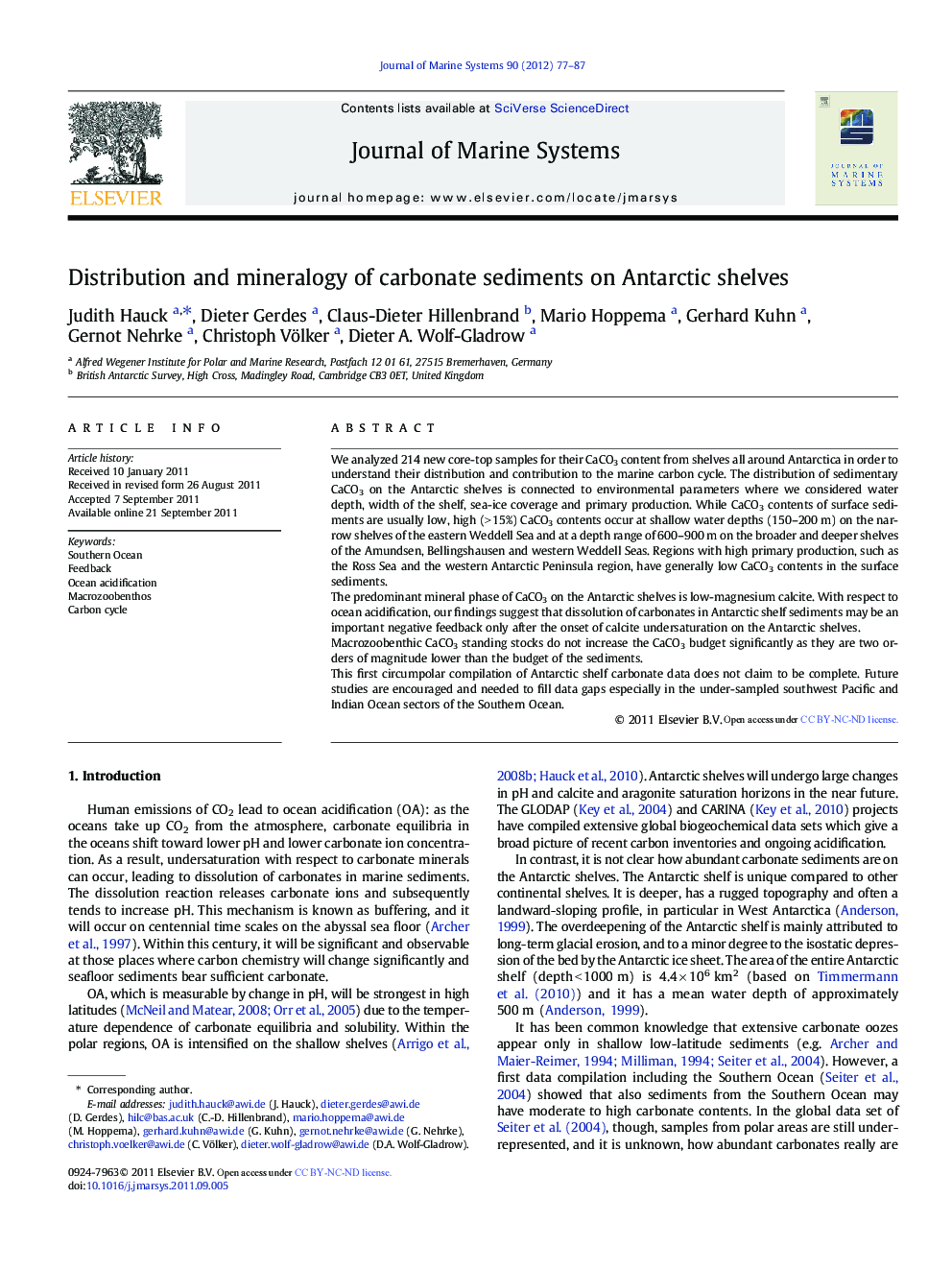 Distribution and mineralogy of carbonate sediments on Antarctic shelves