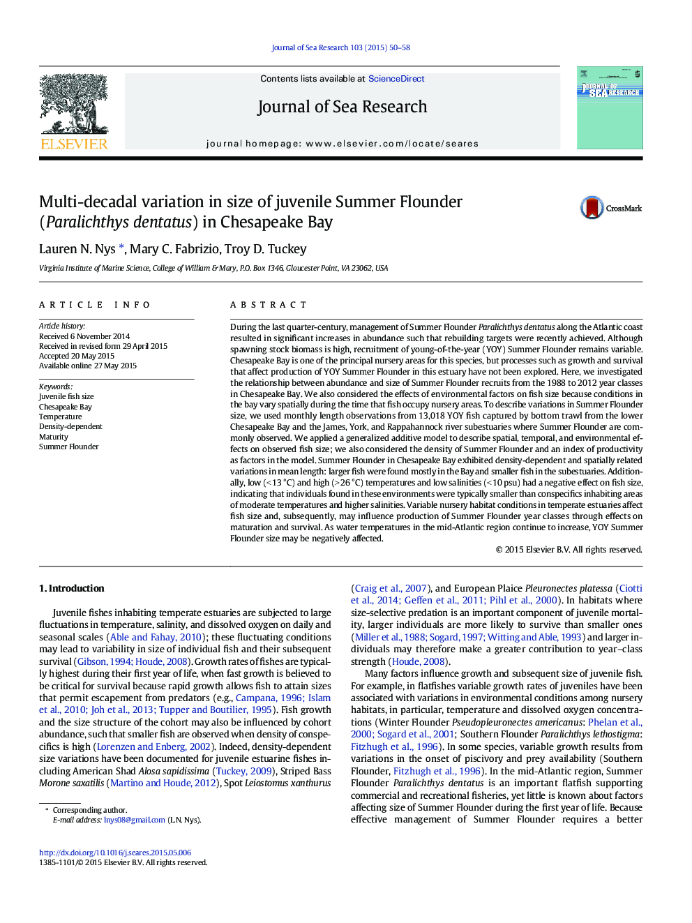 Multi-decadal variation in size of juvenile Summer Flounder (Paralichthys dentatus) in Chesapeake Bay