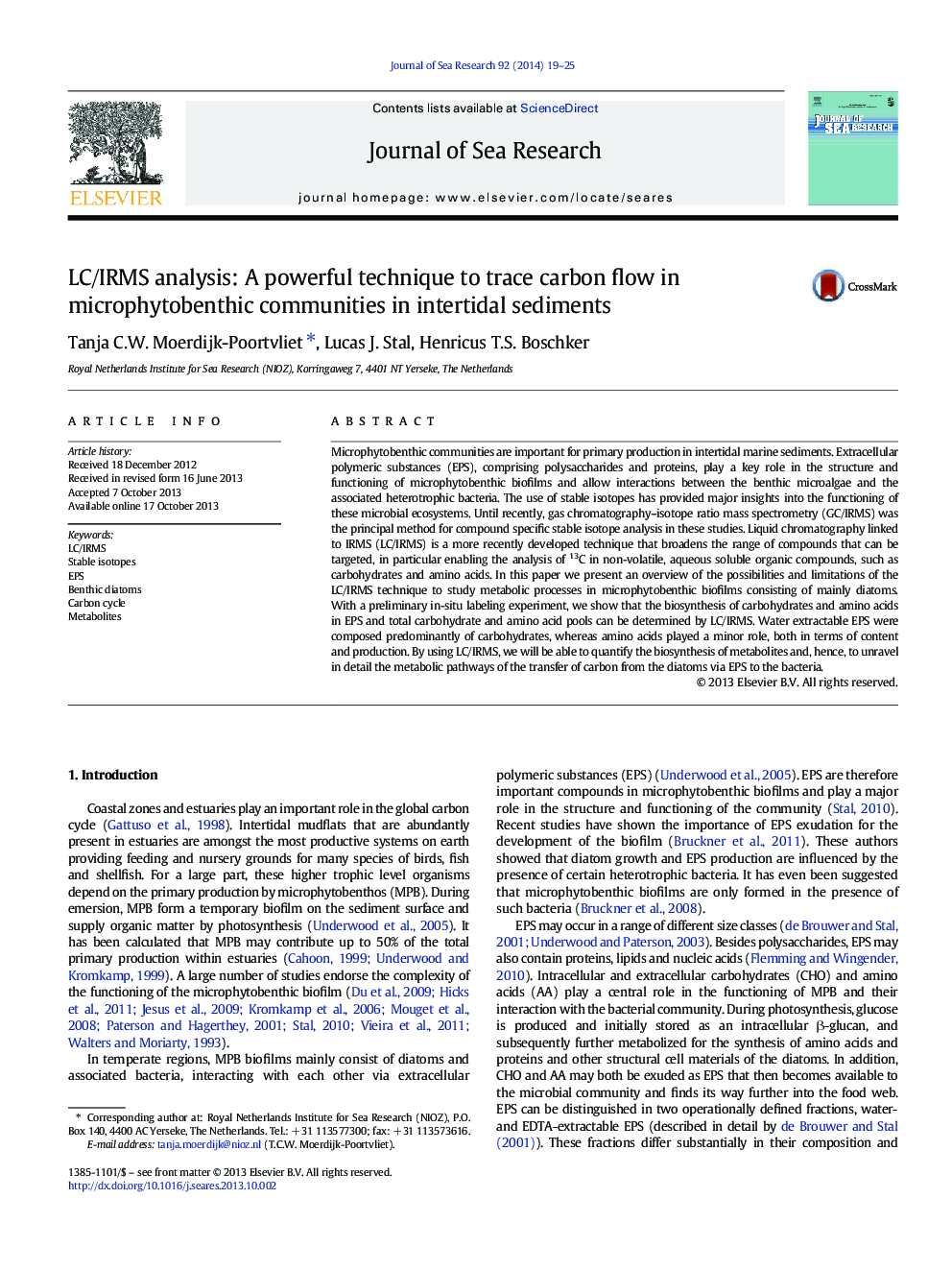 LC/IRMS analysis: A powerful technique to trace carbon flow in microphytobenthic communities in intertidal sediments