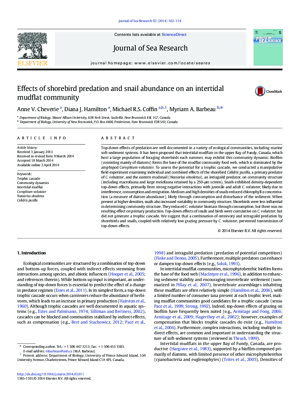 Effects of shorebird predation and snail abundance on an intertidal mudflat community