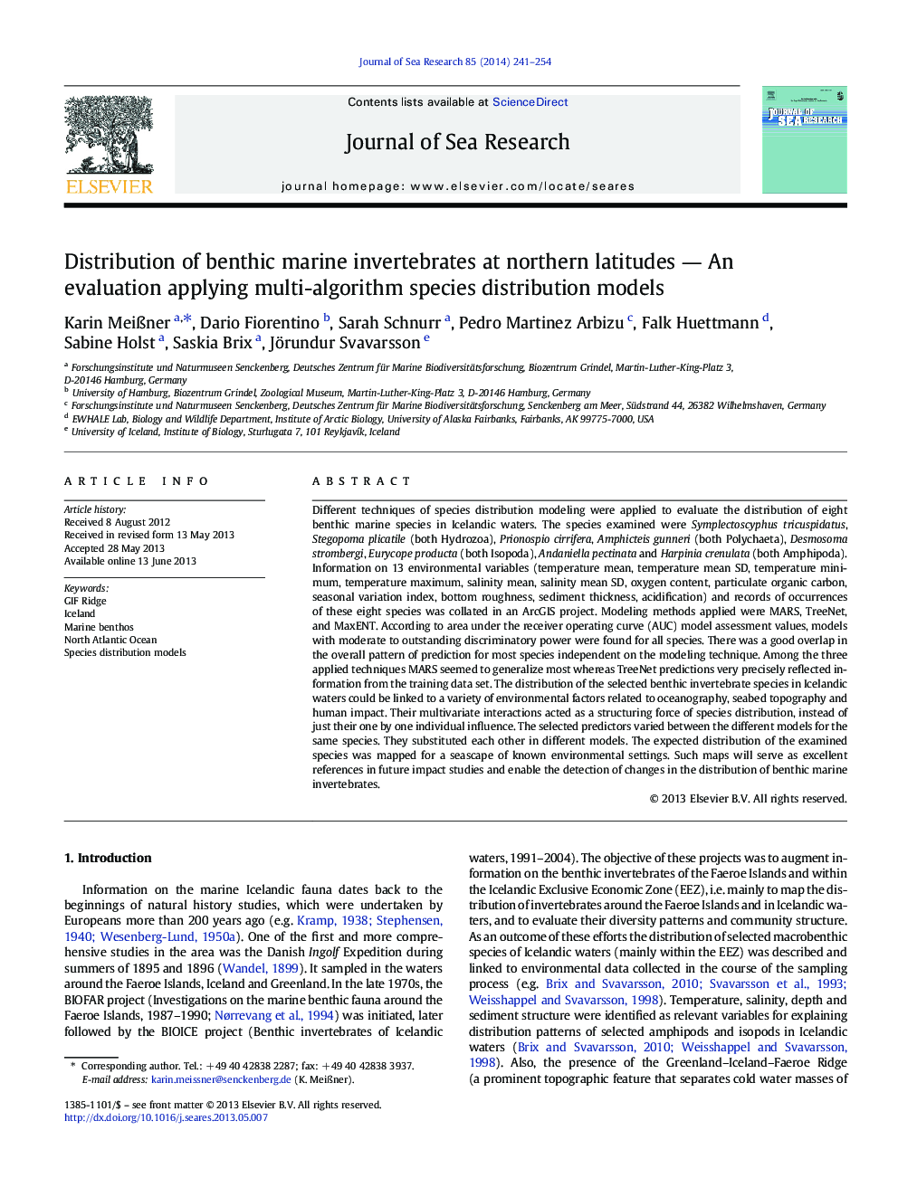 Distribution of benthic marine invertebrates at northern latitudes â An evaluation applying multi-algorithm species distribution models