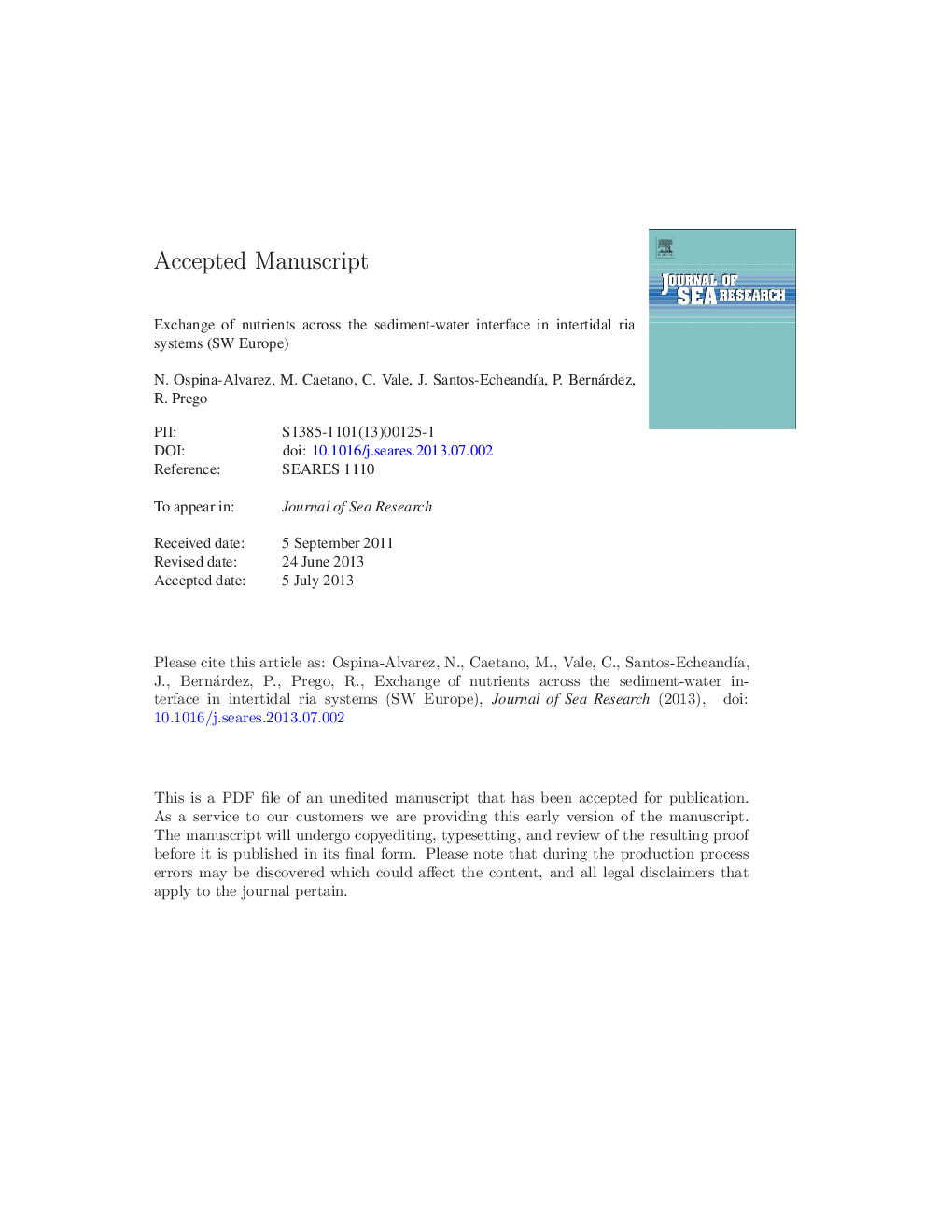 Exchange of nutrients across the sediment-water interface in intertidal ria systems (SW Europe)