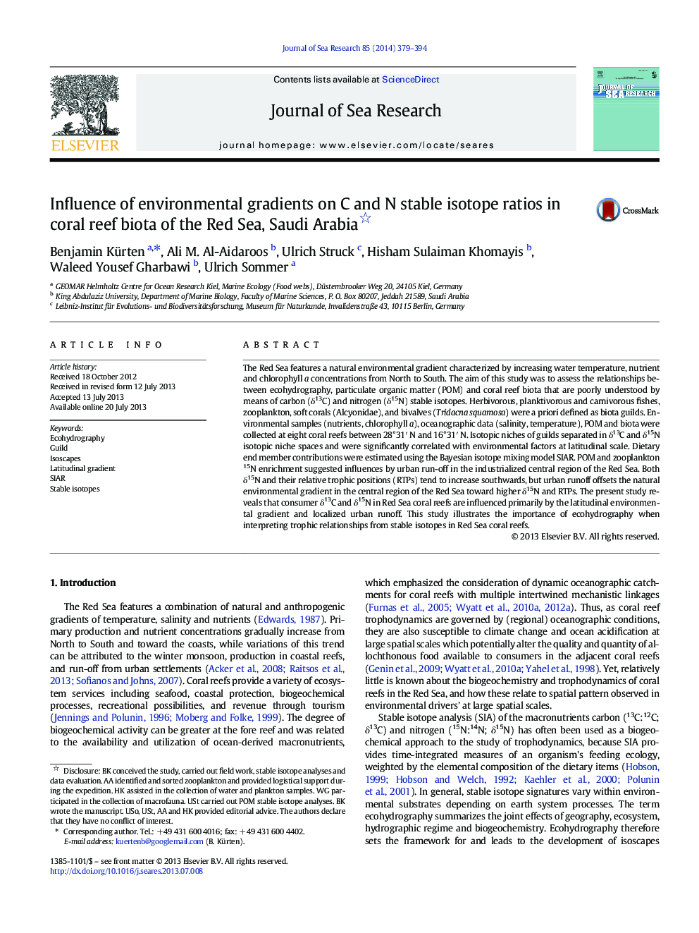 Influence of environmental gradients on C and N stable isotope ratios in coral reef biota of the Red Sea, Saudi Arabia