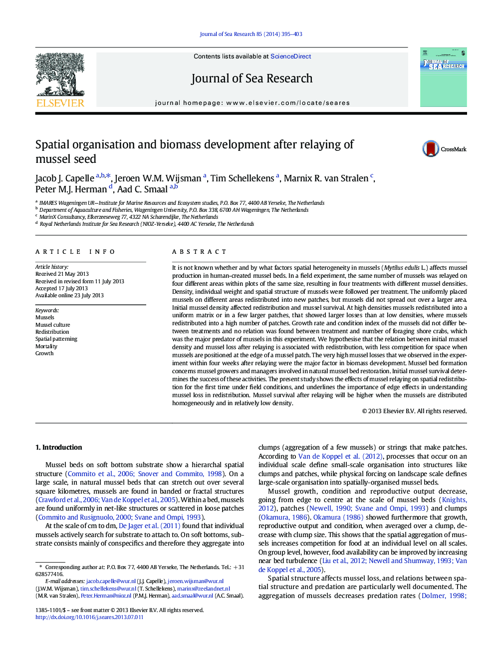 Spatial organisation and biomass development after relaying of mussel seed