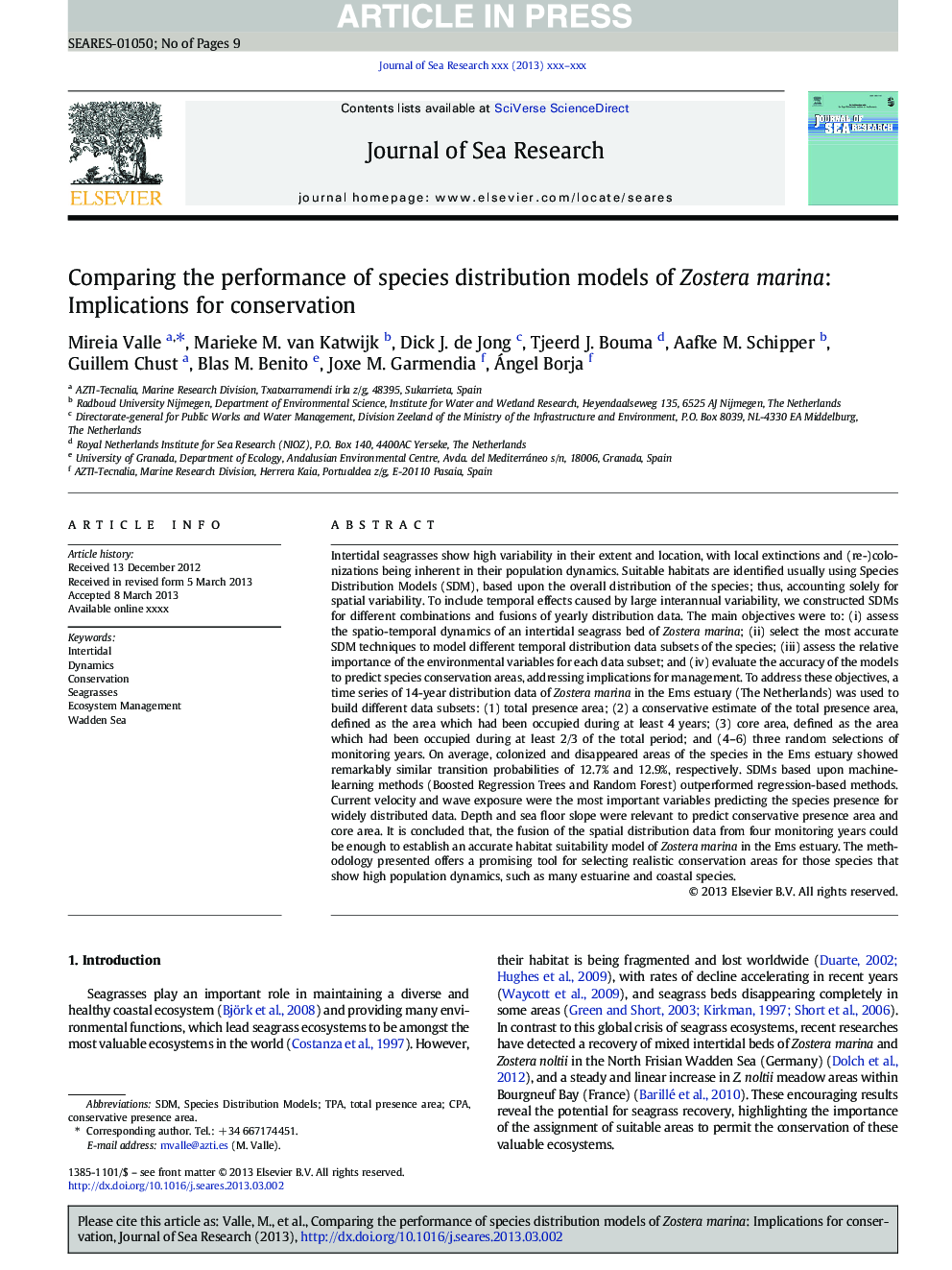 عکس صفحه اول مقاله: Comparing the performance of species distribution models of Zostera marina: Implications for conservation Comparing the performance of species distribution models of Zostera marina: Implications for conservation