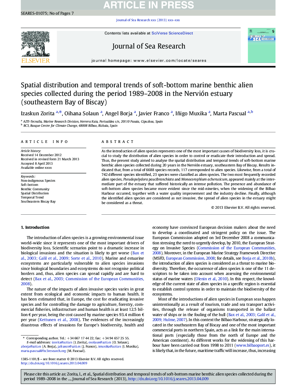 Spatial distribution and temporal trends of soft-bottom marine benthic alien species collected during the period 1989-2008 in the Nervión estuary (southeastern Bay of Biscay)