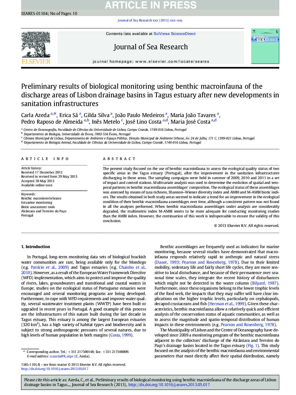 Preliminary results of biological monitoring using benthic macroinfauna of the discharge areas of Lisbon drainage basins in Tagus estuary after new developments in sanitation infrastructures