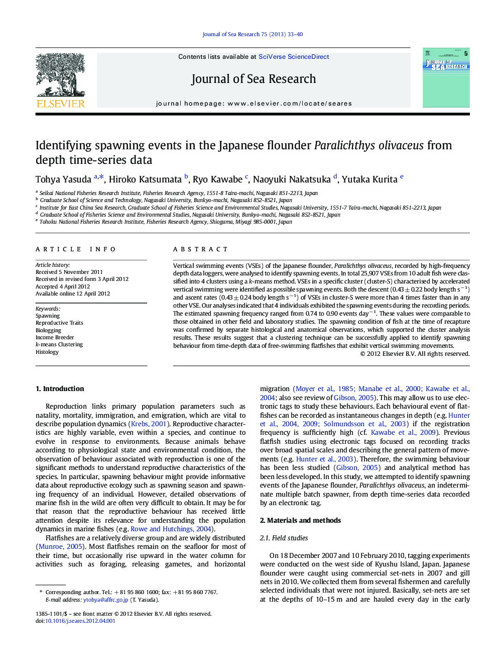 Identifying spawning events in the Japanese flounder Paralichthys olivaceus from depth time-series data