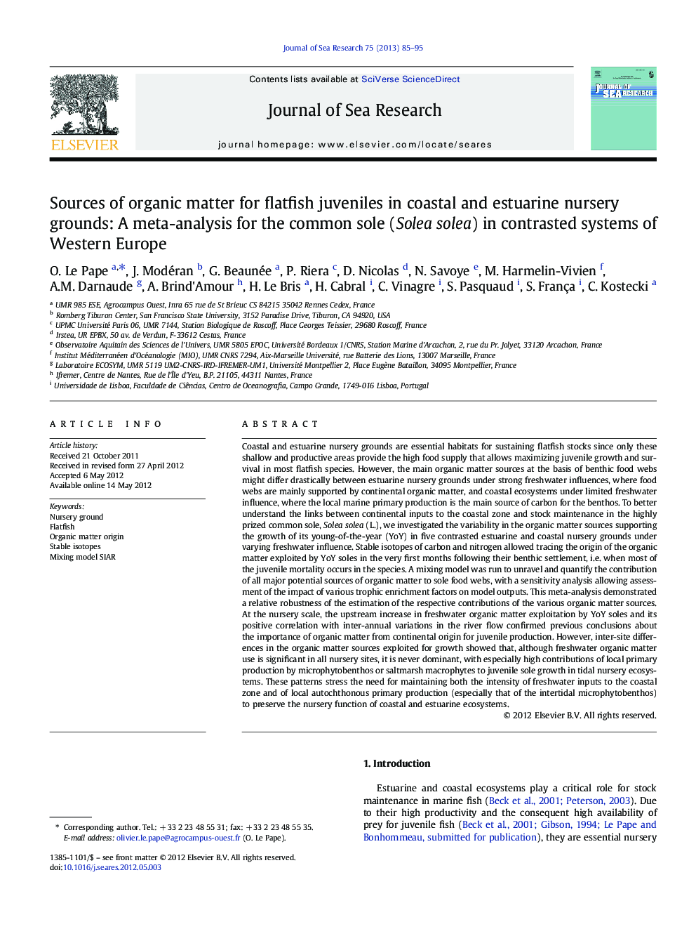 Sources of organic matter for flatfish juveniles in coastal and estuarine nursery grounds: A meta-analysis for the common sole (Solea solea) in contrasted systems of Western Europe