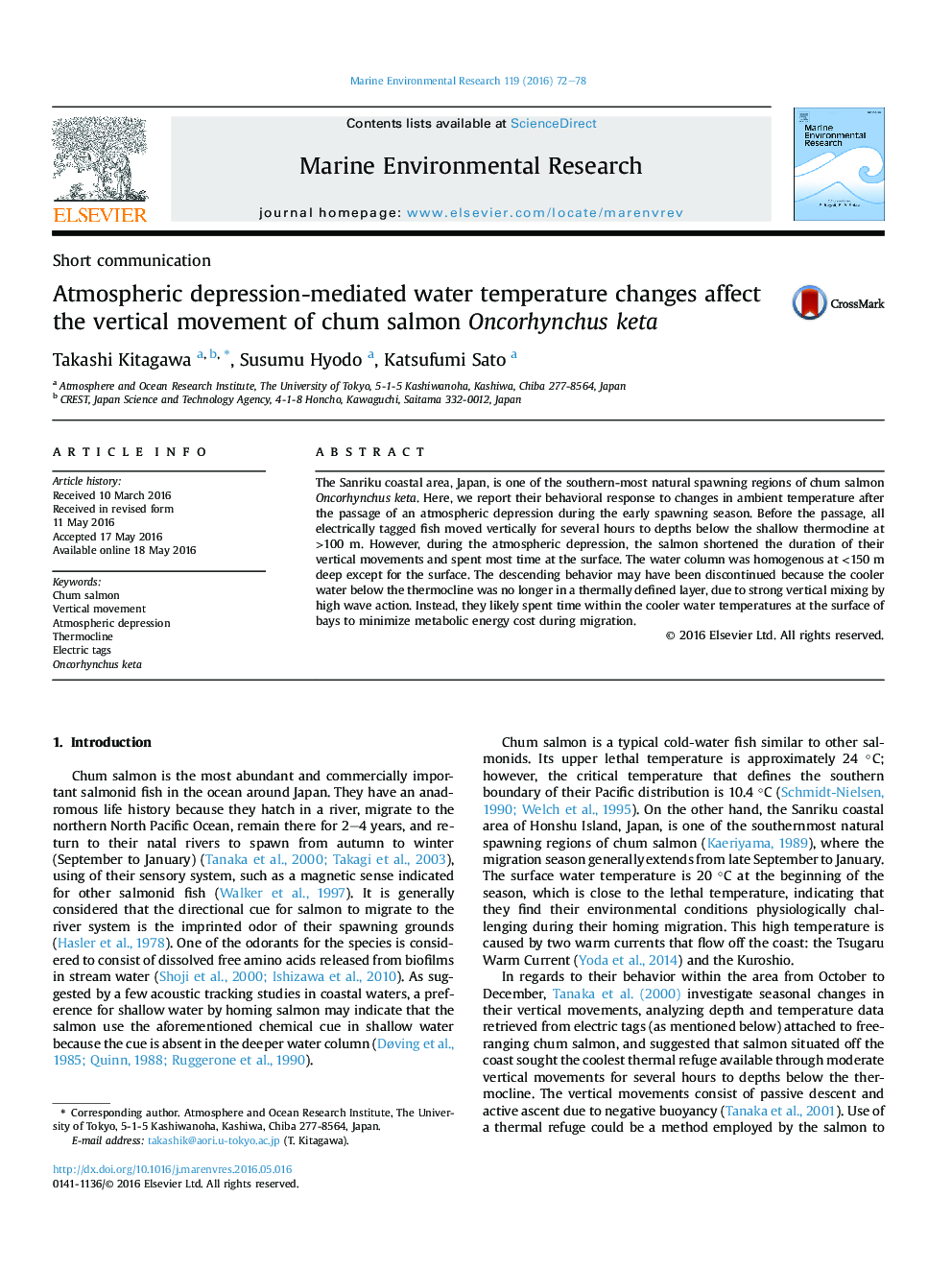 Short communicationAtmospheric depression-mediated water temperature changes affect the vertical movement of chum salmon Oncorhynchus keta