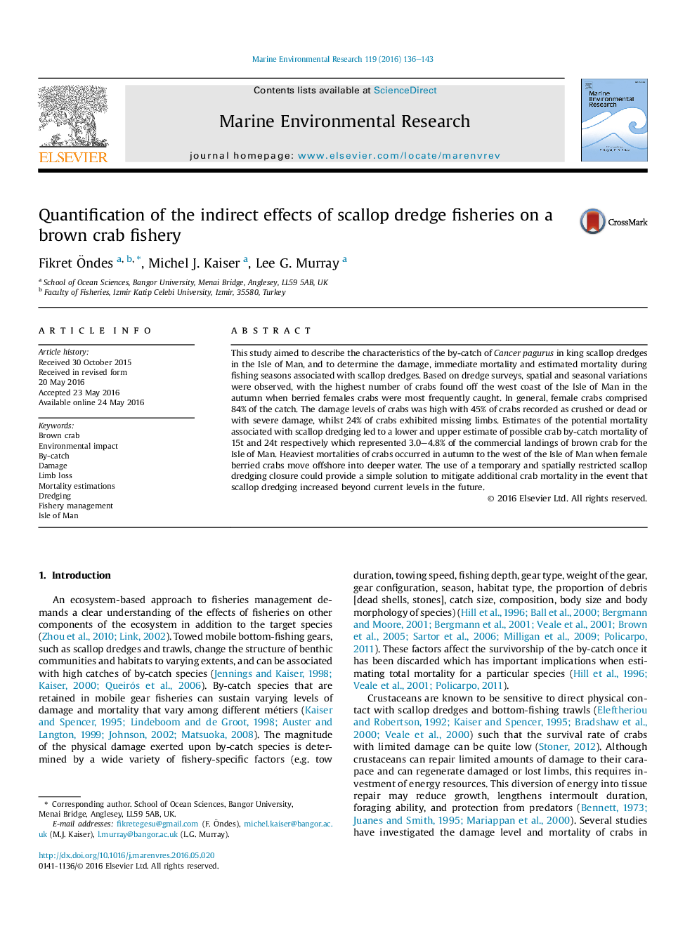 Quantification of the indirect effects of scallop dredge fisheries on a brown crab fishery