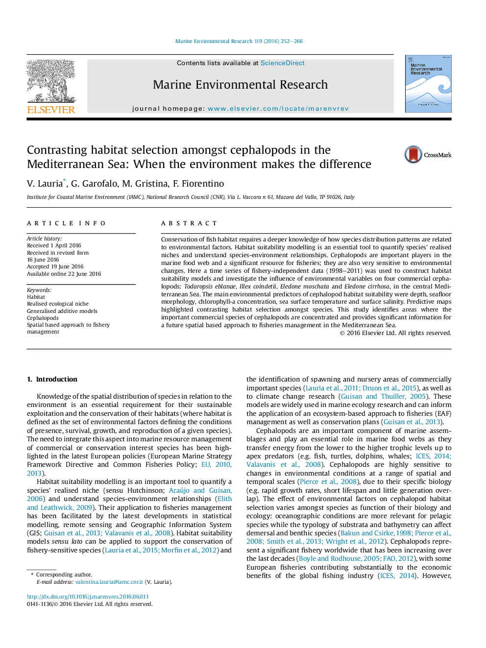 Contrasting habitat selection amongst cephalopods in the Mediterranean Sea: When the environment makes the difference