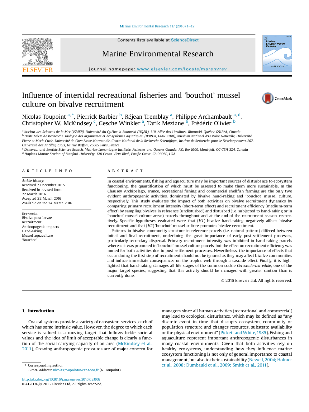 Influence of intertidal recreational fisheries and 'bouchot' mussel culture on bivalve recruitment