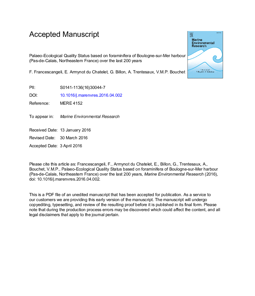 Palaeo-ecological quality status based on foraminifera of Boulogne-sur-Mer harbour (Pas-de-Calais, Northeastern France) over the last 200 years