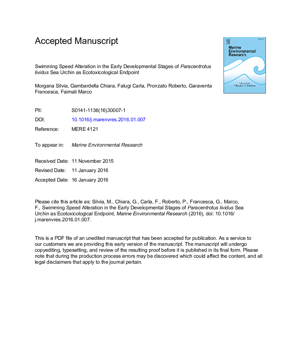 Swimming speed alteration in the early developmental stages of Paracentrotus lividus sea urchin as ecotoxicological endpoint