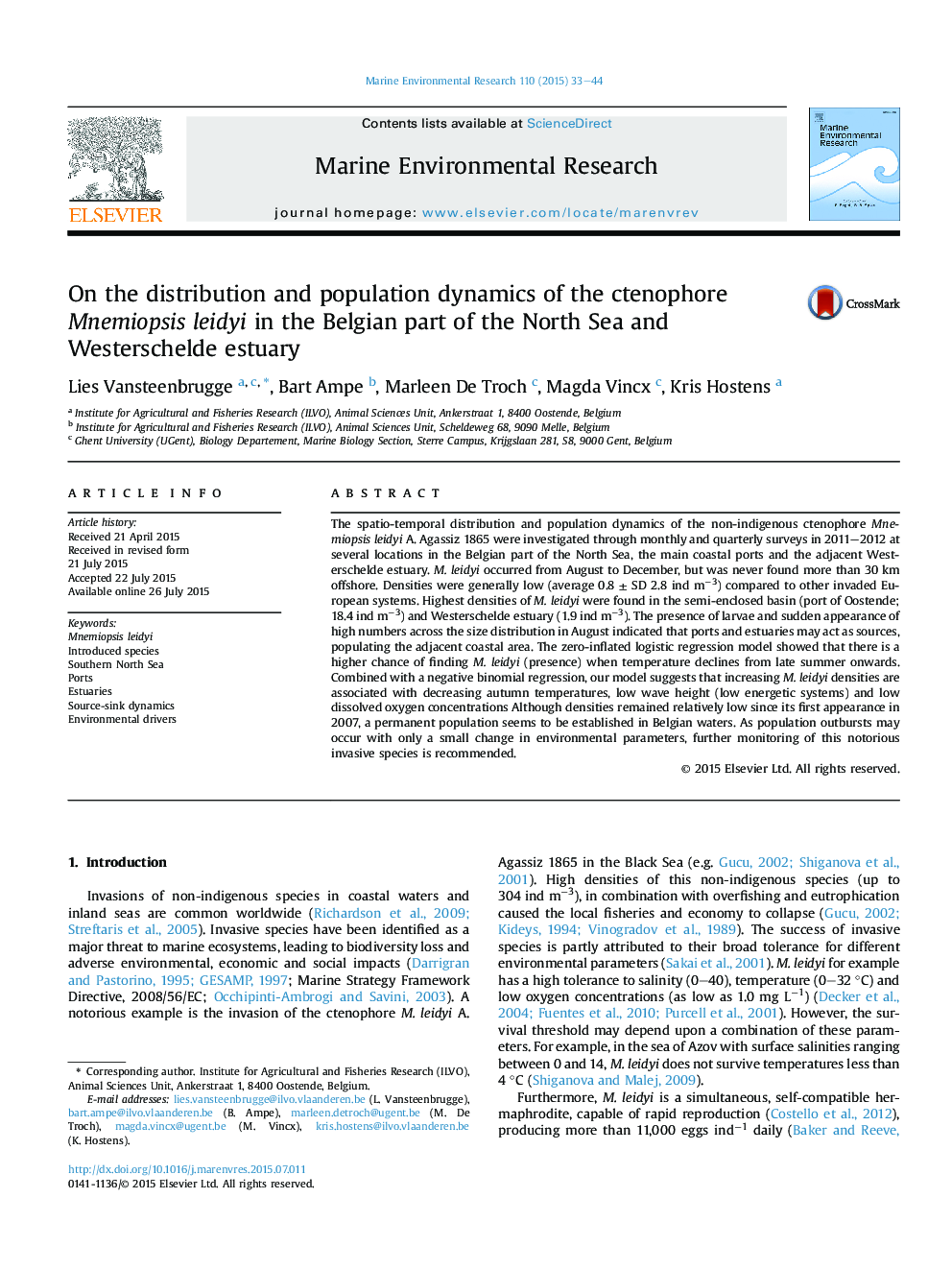 On the distribution and population dynamics of the ctenophore Mnemiopsis leidyi in the Belgian part of the North Sea and Westerschelde estuary