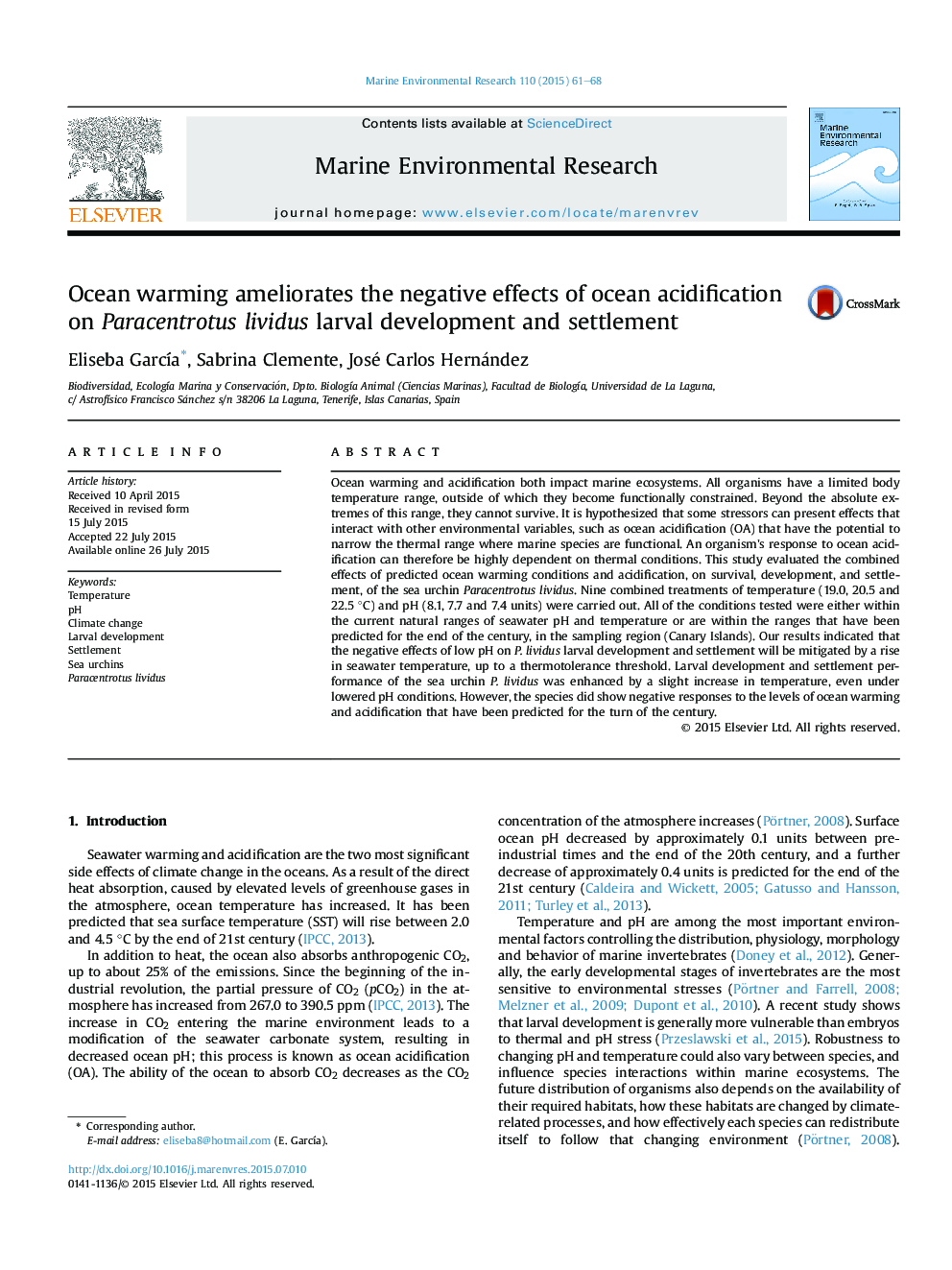 Ocean warming ameliorates the negative effects of ocean acidification on Paracentrotus lividus larval development and settlement