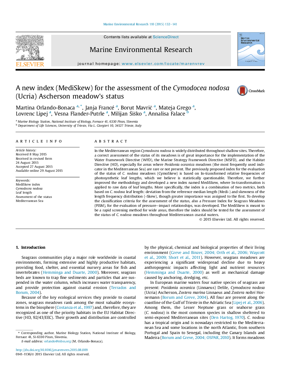 A new index (MediSkew) for the assessment of the Cymodocea nodosa (Ucria) Ascherson meadow's status