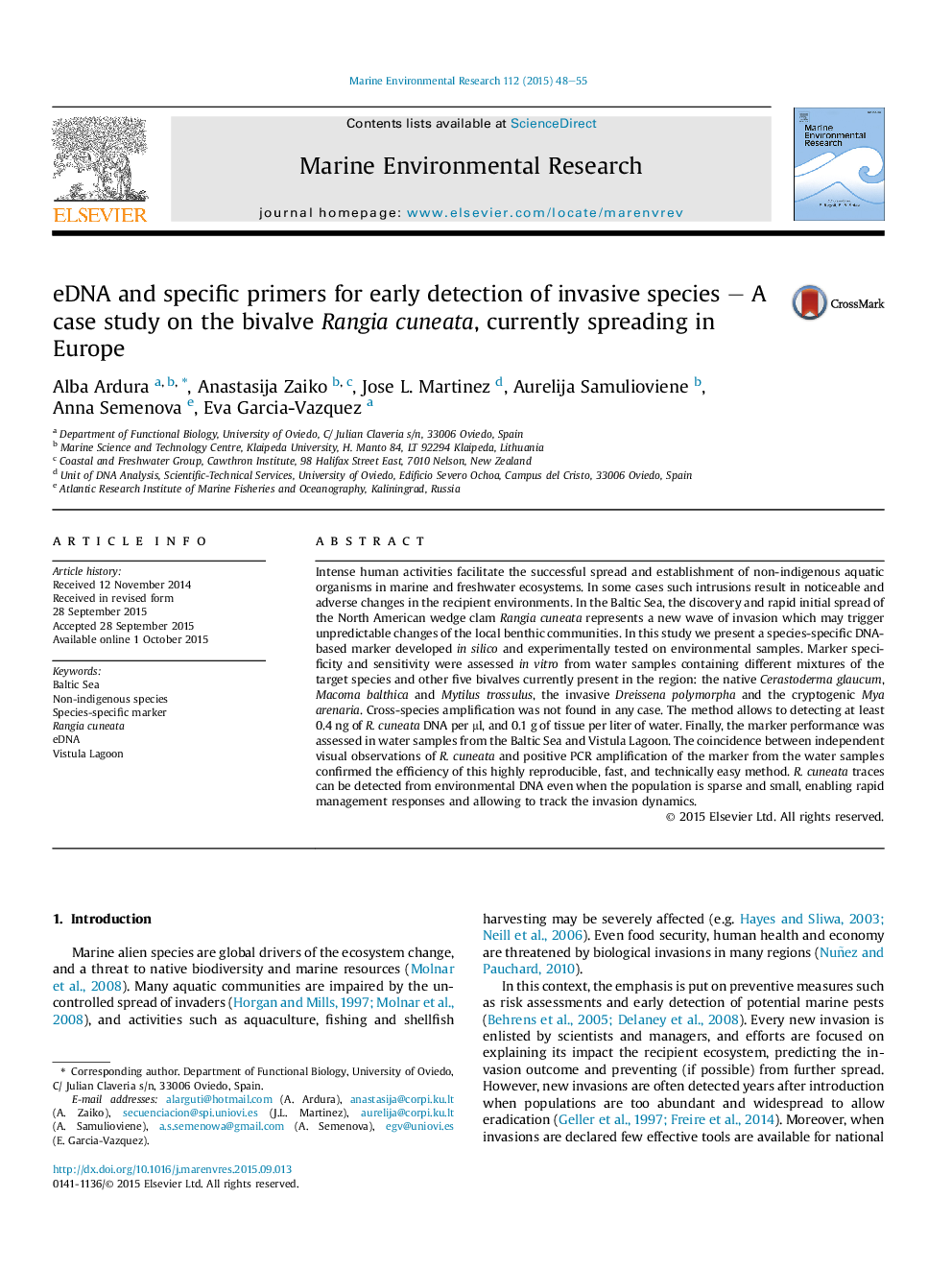 eDNA and specific primers for early detection of invasive species - A case study on the bivalve Rangia cuneata, currently spreading in Europe