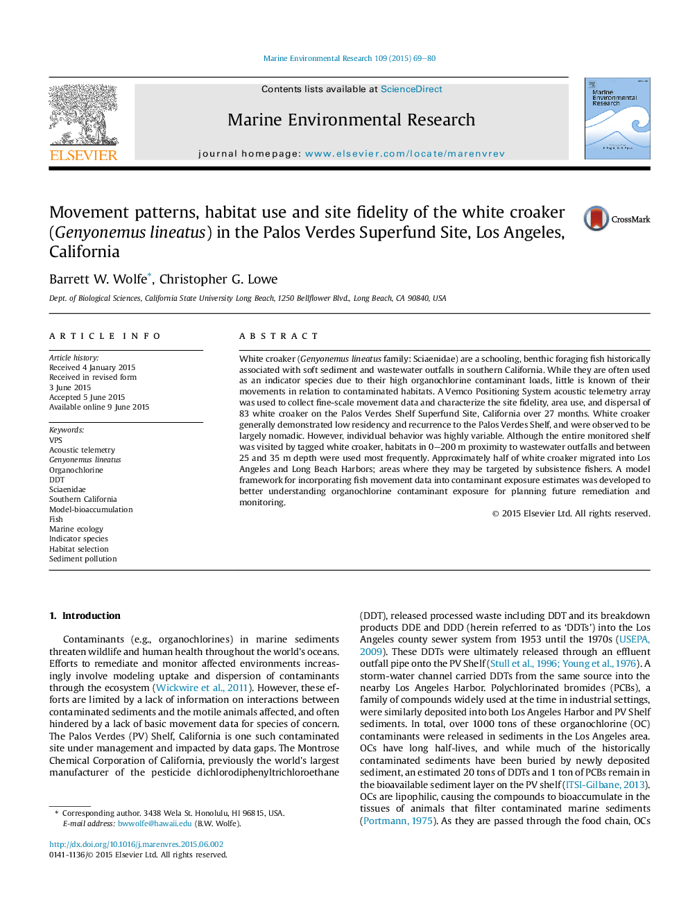 عکس صفحه اول مقاله: Movement patterns, habitat use and site fidelity of the white croaker (Genyonemus lineatus) in the Palos Verdes Superfund Site, Los Angeles, California Movement patterns, habitat use and site fidelity of the white croaker (Genyonemus lineatus) in the Palos Verdes Superfund Site, Los Angeles, California