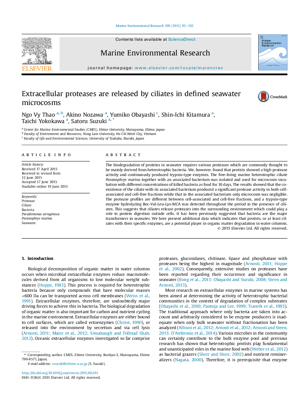 Extracellular proteases are released by ciliates in defined seawater microcosms