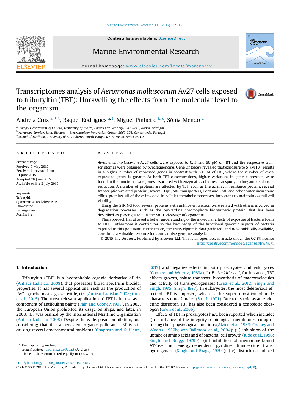 Transcriptomes analysis of Aeromonas molluscorum Av27 cells exposed to tributyltin (TBT): Unravelling the effects from the molecular level to the organism