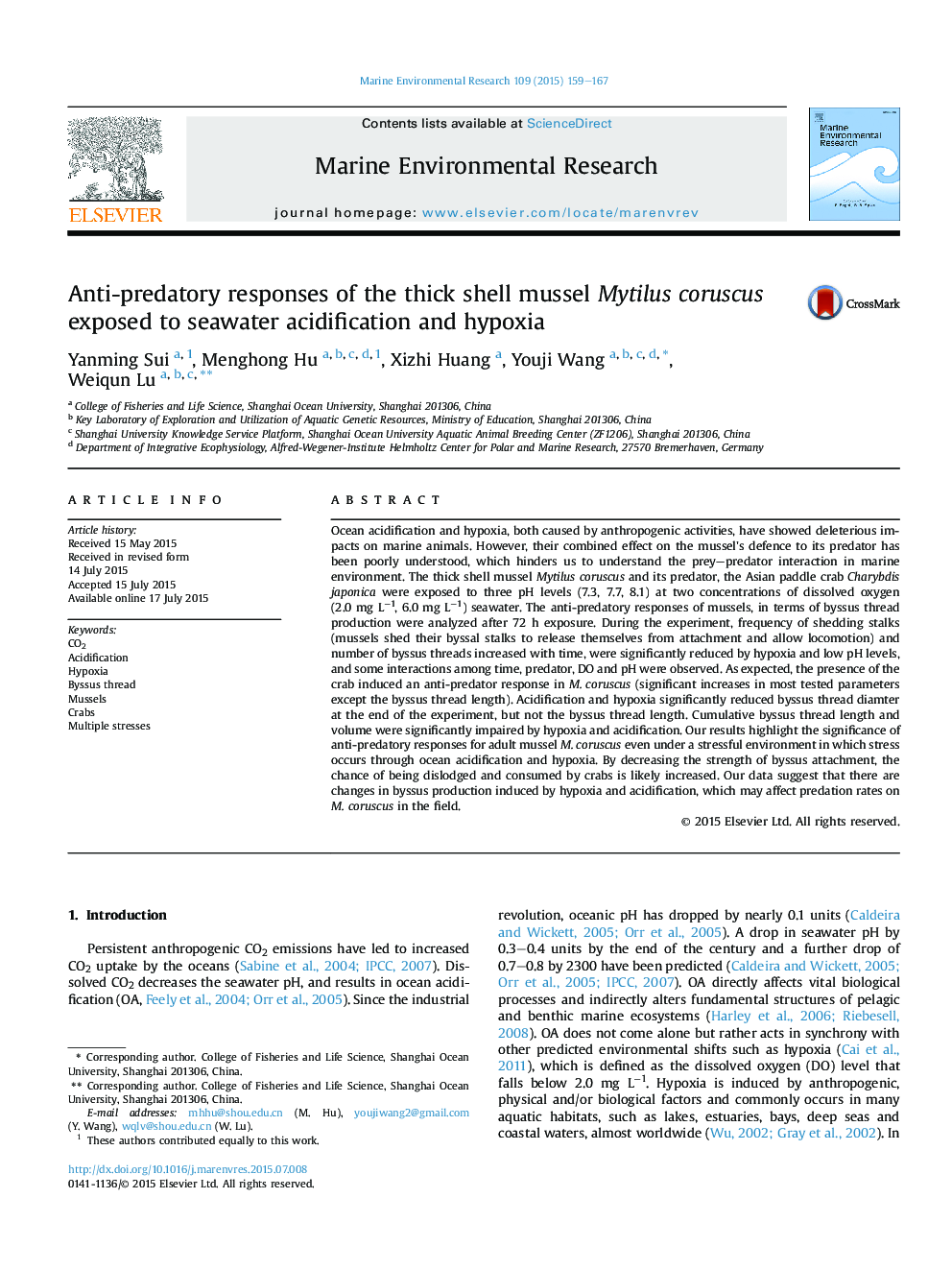 Anti-predatory responses of the thick shell mussel Mytilus coruscus exposed to seawater acidification and hypoxia