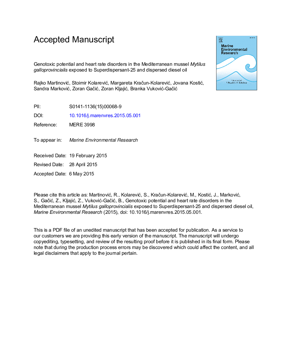 Genotoxic potential and heart rate disorders in the Mediterranean mussel Mytilus galloprovincialis exposed to Superdispersant-25 and dispersed diesel oil