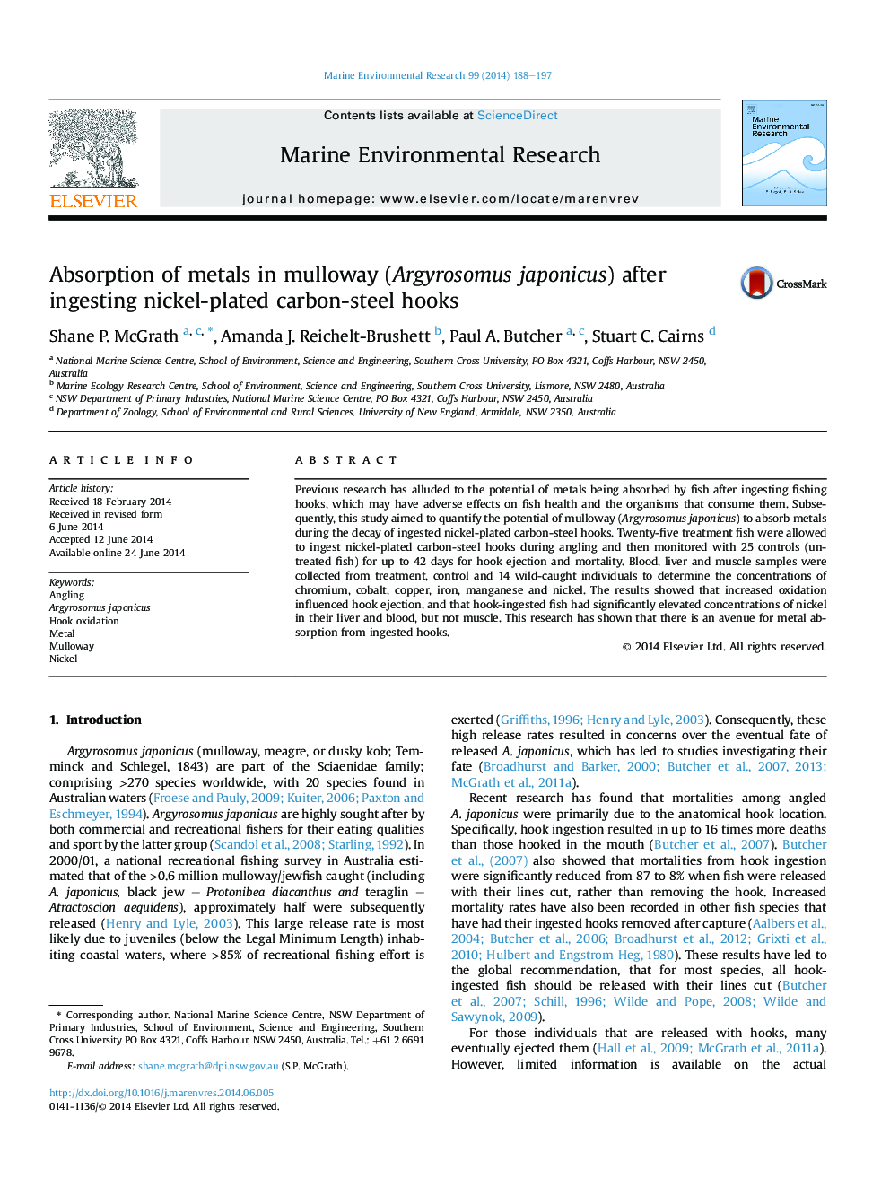 Absorption of metals in mulloway (Argyrosomus japonicus) after ingesting nickel-plated carbon-steel hooks