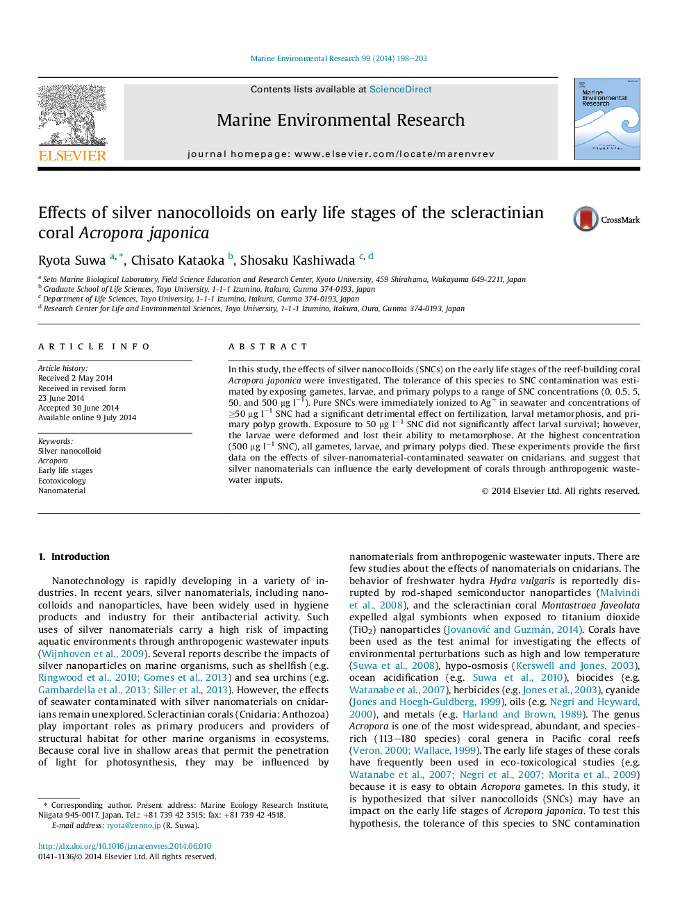 Effects of silver nanocolloids on early life stages of the scleractinian coral Acropora japonica