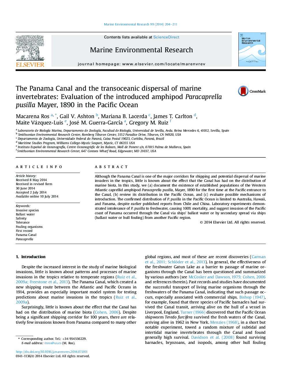 The Panama Canal and the transoceanic dispersal of marine invertebrates: Evaluation of the introduced amphipod Paracaprella pusilla Mayer, 1890 in the Pacific Ocean