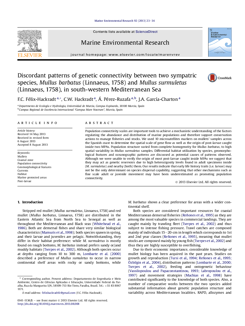 Discordant patterns of genetic connectivity between two sympatric species, Mullus barbatus (Linnaeus, 1758) and Mullus surmuletus (Linnaeus, 1758), in south-western Mediterranean Sea