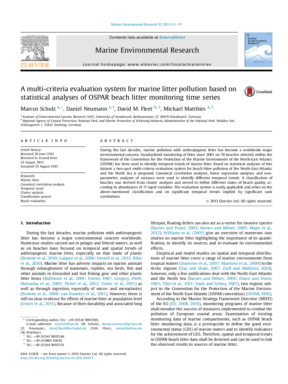 A multi-criteria evaluation system for marine litter pollution based on statistical analyses of OSPAR beach litter monitoring time series