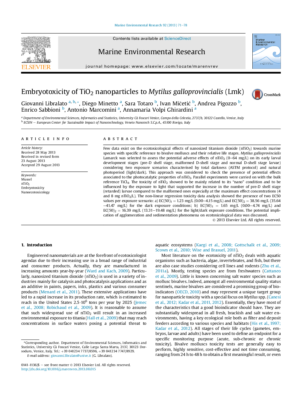 Embryotoxicity of TiO2 nanoparticles to Mytilus galloprovincialis (Lmk)