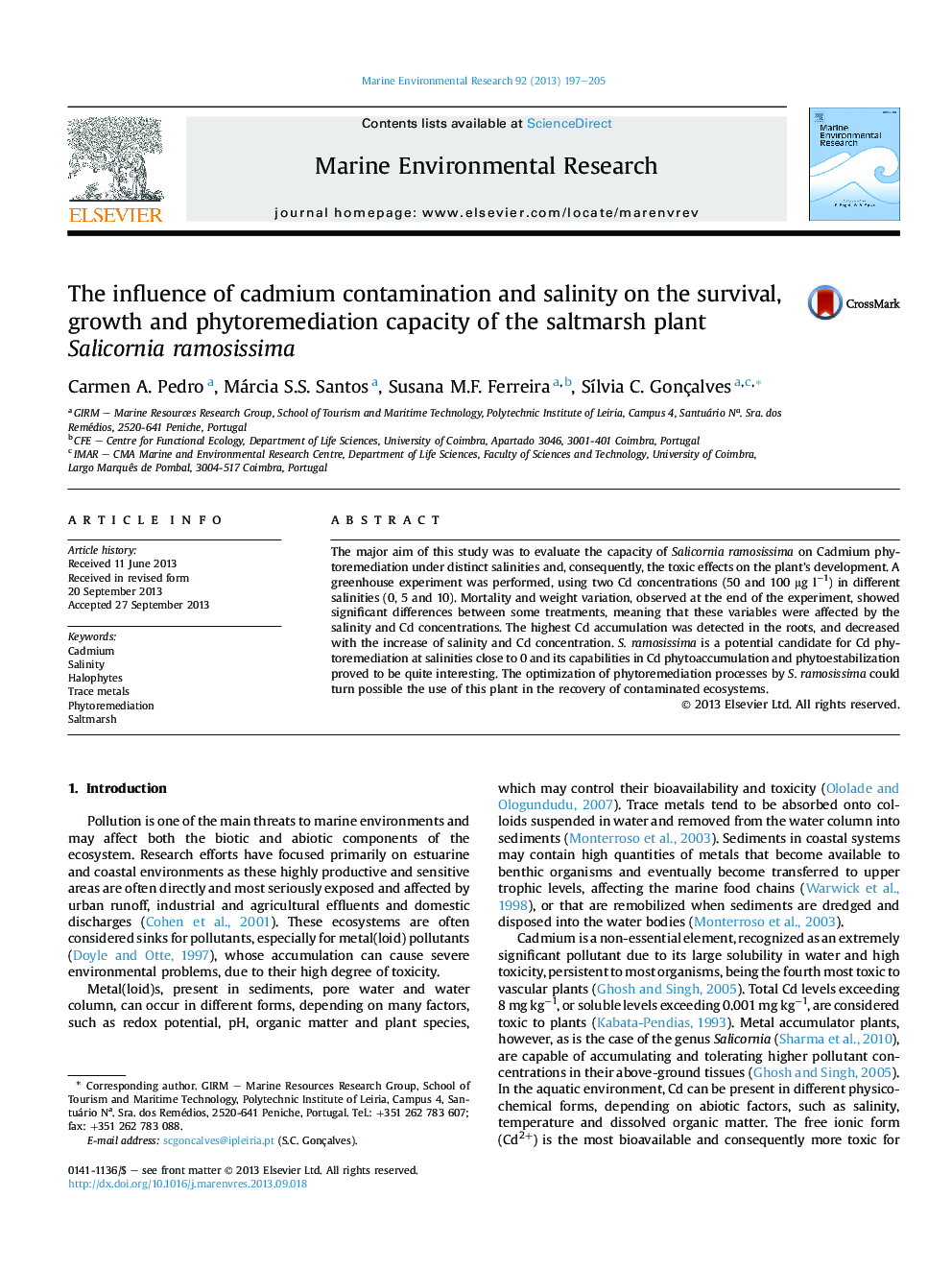 The influence of cadmium contamination and salinity on the survival, growth and phytoremediation capacity of the saltmarsh plant Salicornia ramosissima