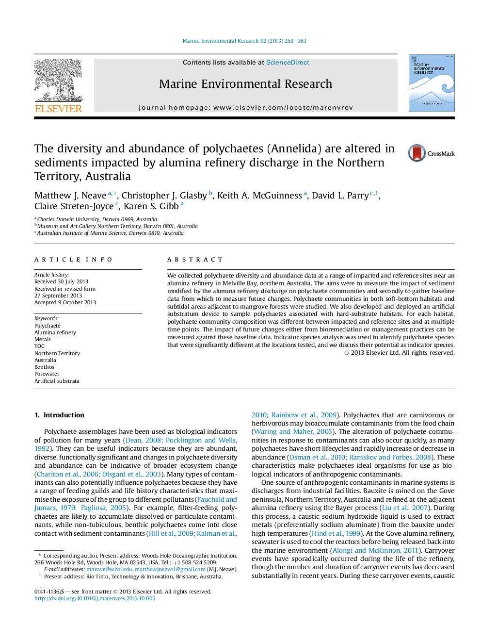 The diversity and abundance of polychaetes (Annelida) are altered in sediments impacted by alumina refinery discharge in the Northern Territory, Australia