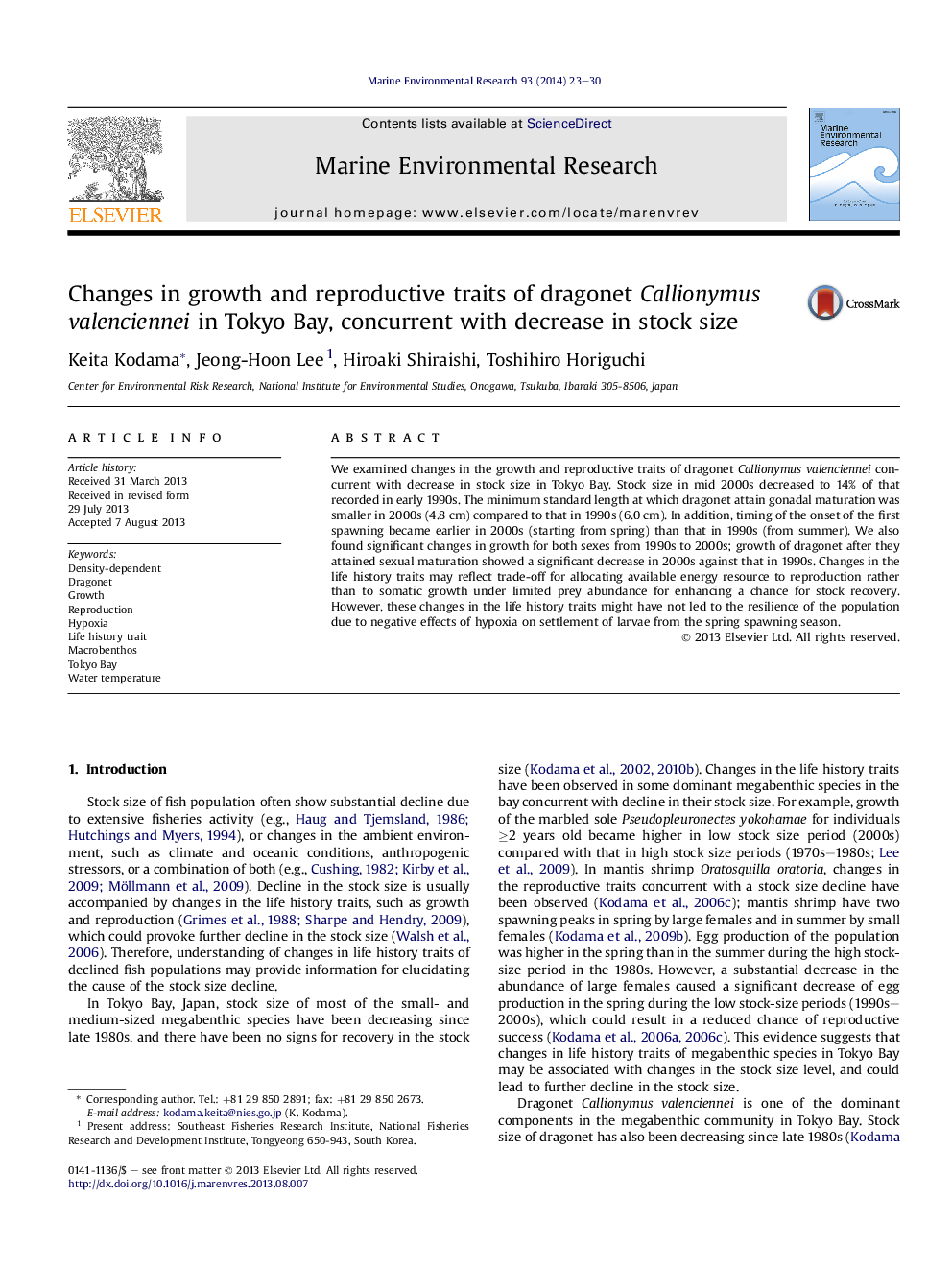 Changes in growth and reproductive traits of dragonet Callionymus valenciennei in Tokyo Bay, concurrent with decrease in stock size