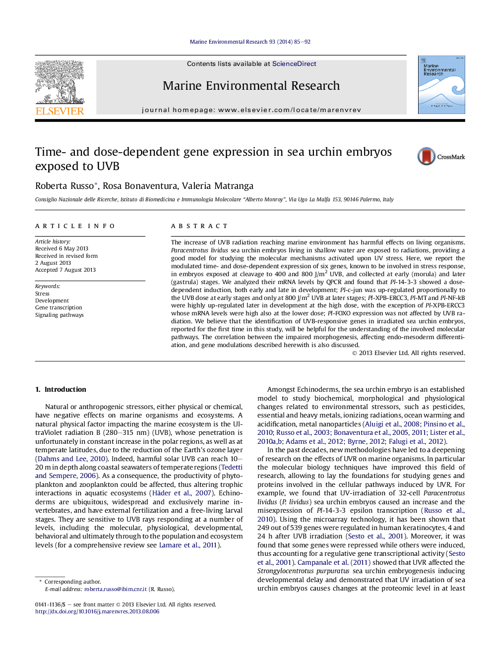 Time- and dose-dependent gene expression in sea urchin embryos exposed to UVB