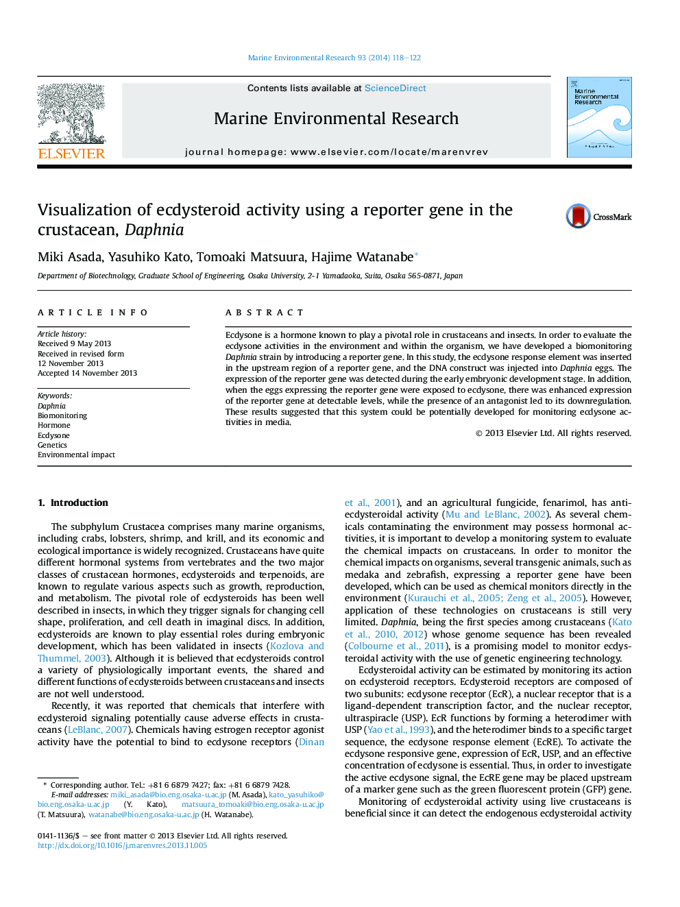 Visualization of ecdysteroid activity using a reporter gene in the crustacean, Daphnia