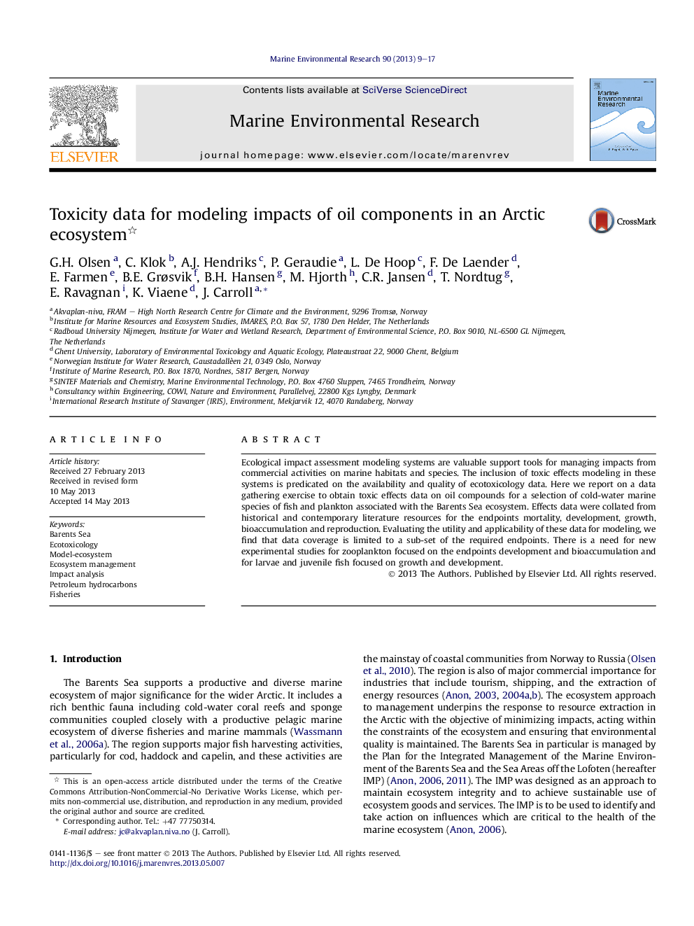 Toxicity data for modeling impacts of oil components in an Arctic ecosystem